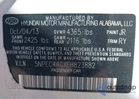 2014 Hyundai Sonata Se z USA, uszkodzony, nr VIN 5NPEC4ACXEH823882